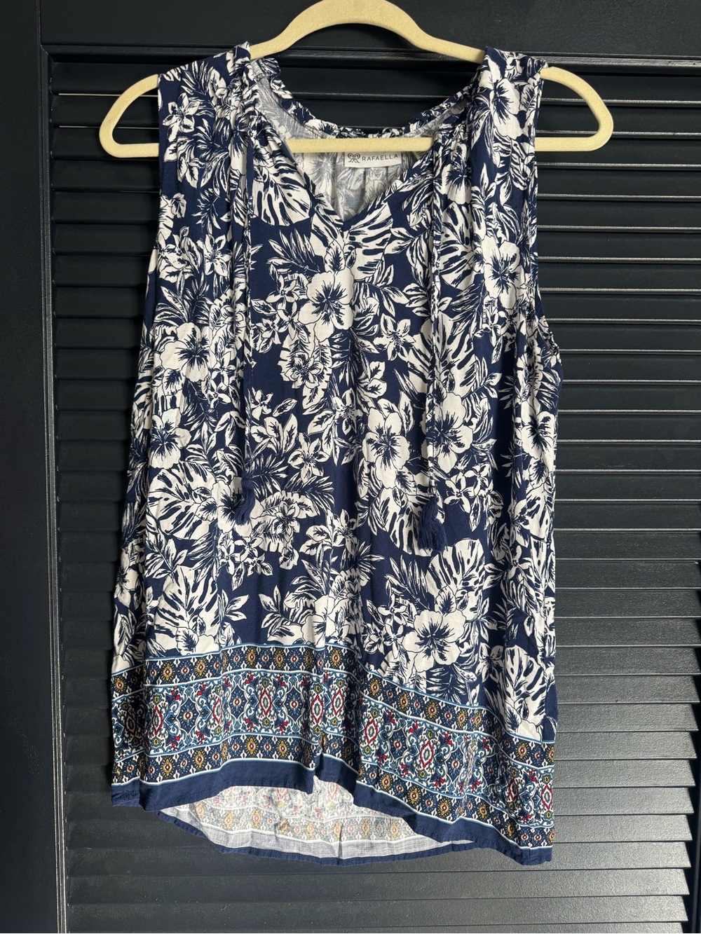 Rafaella Navy Floral Border Print Tassel Top XL